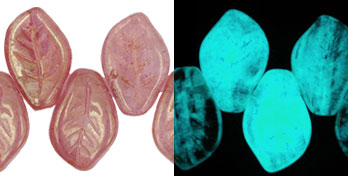 Leaves 14 x 9mm : Glow in the Dark - Luster - Transparent Topaz/Pink