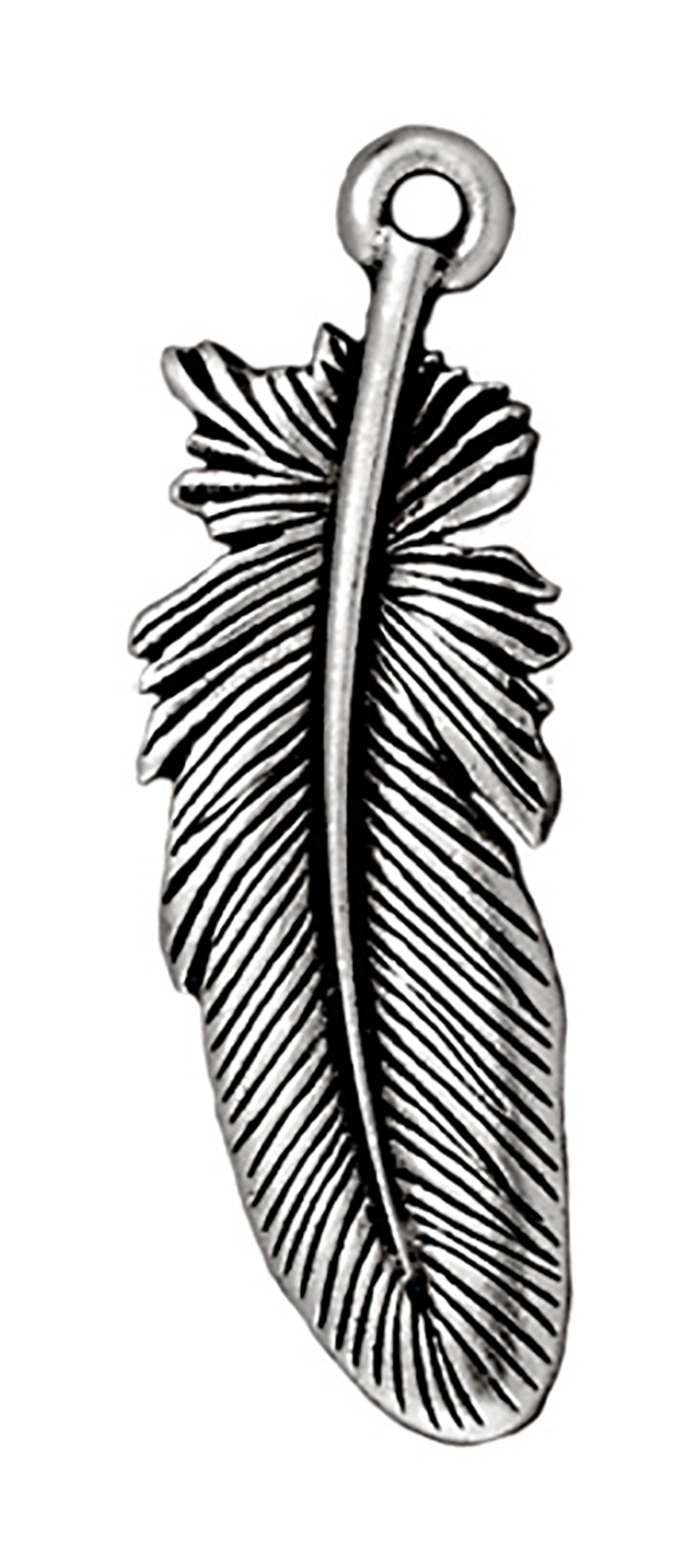 TierraCast : Drop Charm - 29.5 x 10.5mm, 1.25 Loop, Large Feather, Antique Silver