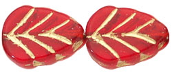 Leaves 10 x 8mm : Lt Siam Ruby - Gold Inlay