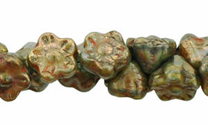 Button Style Bead Flower 7mm : Opaque Blue/Pink - Bronze Picasso