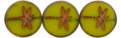 Czech Glass Dragonfly Coin Bead 17mm : Milky Yellow - Picasso with Copper Wash