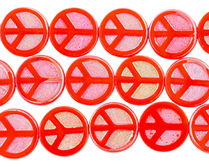 Czech Glass Peace Sign Bead 16mm : Opaque Lt Red - Full AB