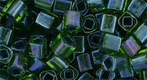 TOHO 4mm Cube Tube 5.5" : Inside-Color Rainbow Peridot/Opaque Green-Lined