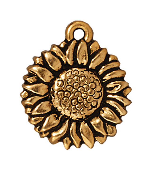 TierraCast : Drop Charm - 18 x 15mm, 1.25mm Loop, Sunflower, Antique Gold