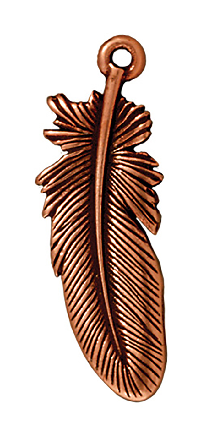 TierraCast : Drop Charm - 29.5 x 10.5mm, 1.25 Loop, Large Feather, Antique Copper