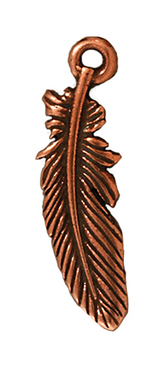 TierraCast : Drop Charm - 23 x 7mm, 1.25 Loop, Small Feather, Antique Copper