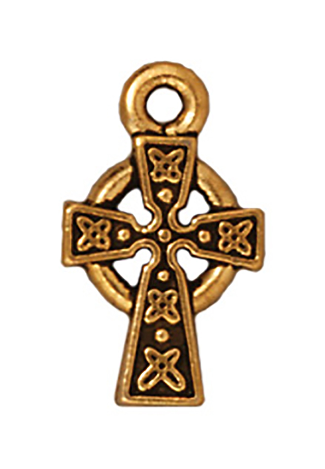 TierraCast : Drop Charm - 15 x 9mm, 1.25mm Loop, Small Celtic Cross, Antique Gold