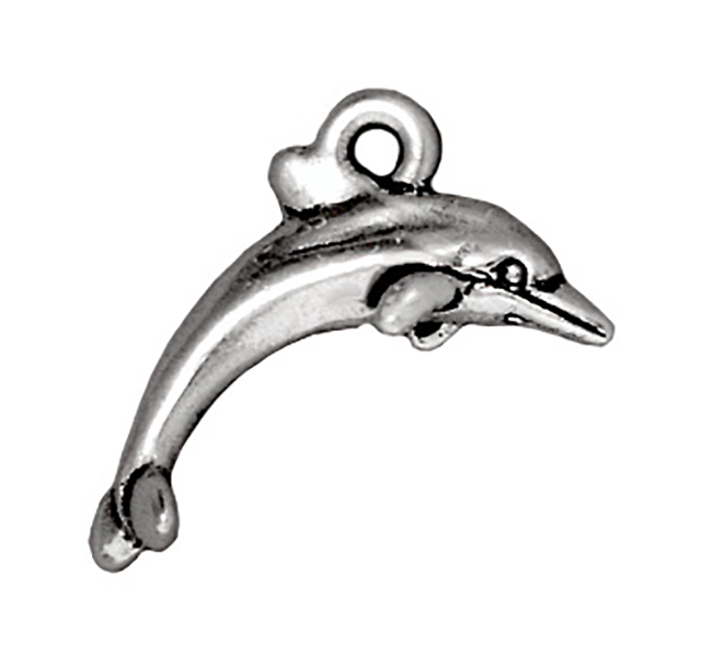 TierraCast : Drop Charm - 18.5 x 17.5mm, 1.25mm Loop, Dolphin, Antique Silver