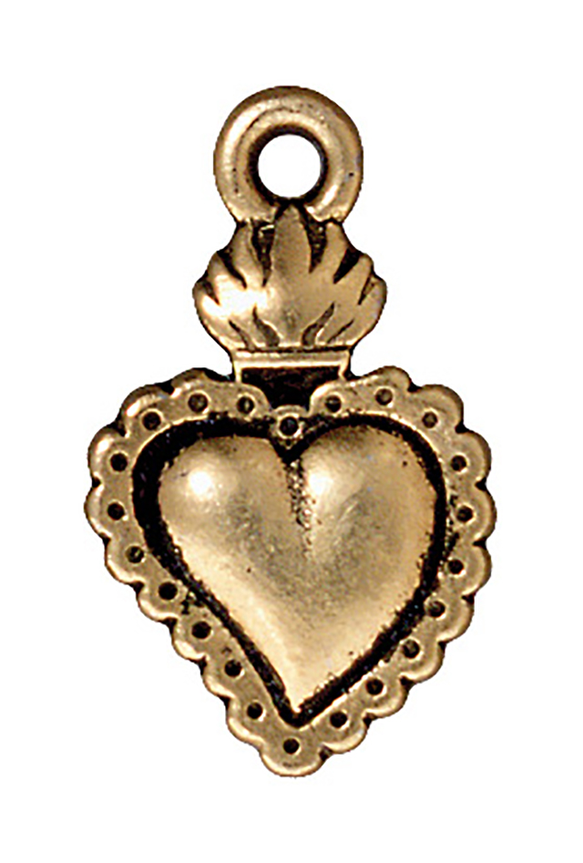 TierraCast : Drop Charm - 21.5 x 13mm, 2mm Loop, Heart Milagro, Antique Gold