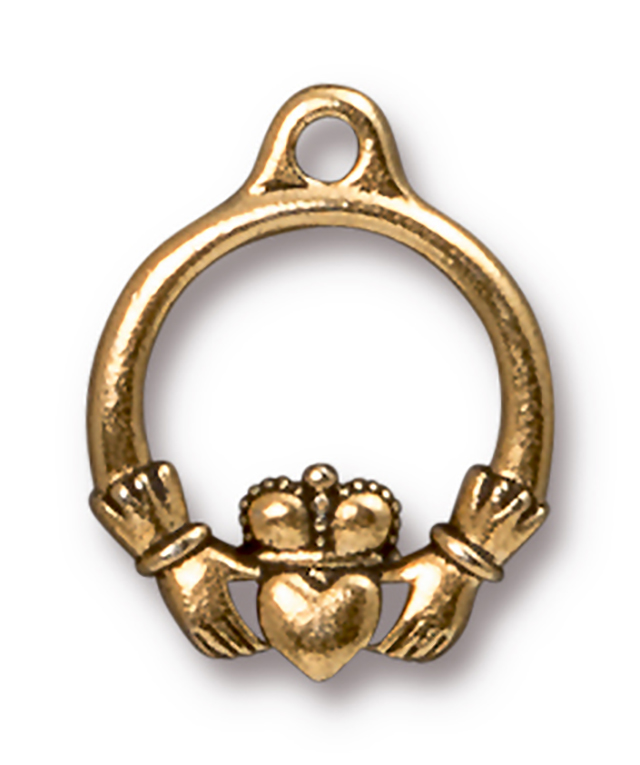 TierraCast : Drop Charm - 19 x 15mm, 1.75mm Loop, Small Claddagh, Antique Gold