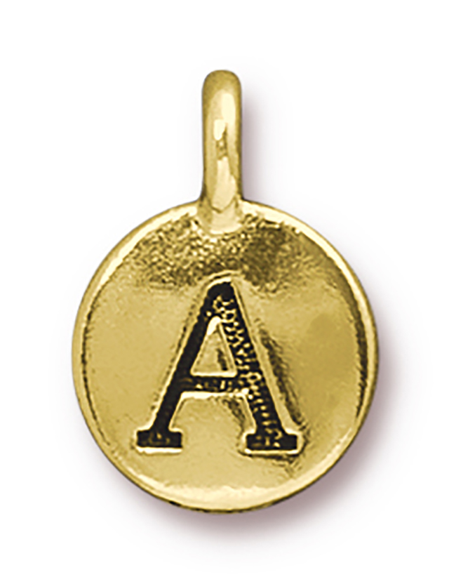 TierraCast : Charm - 17 x 12mm, 2.6mm Loop, Round Alphabet A, Antique Gold