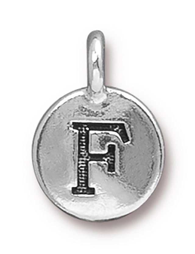 TierraCast : Charm - 17 x 12mm, 2.6mm Loop, Round Alphabet F, Antique Silver