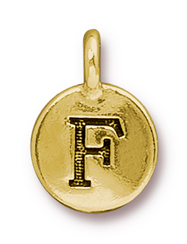 TierraCast : Charm - 17 x 12mm, 2.6mm Loop, Round Alphabet F, Antique Gold