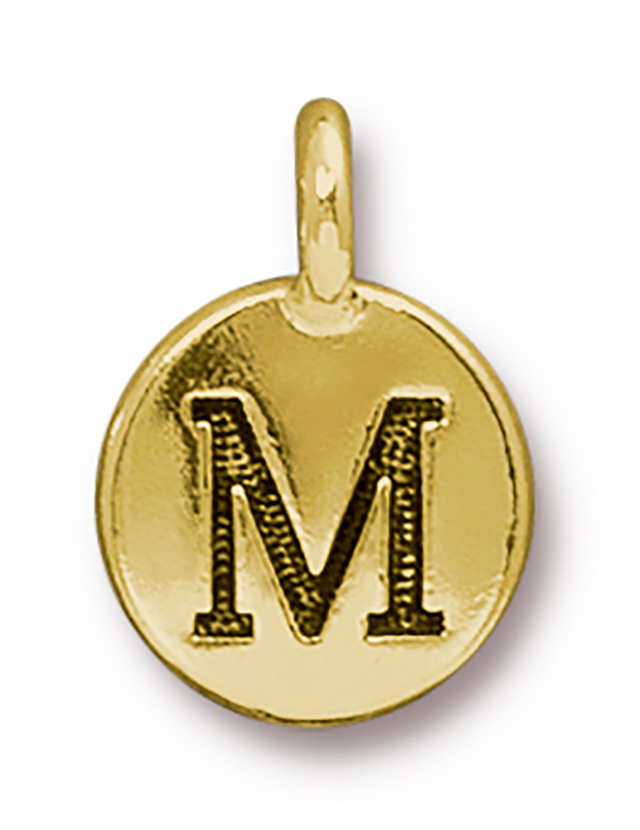 TierraCast : Charm - 17 x 12mm, 2.6mm Loop, Round Alphabet M, Antique Gold