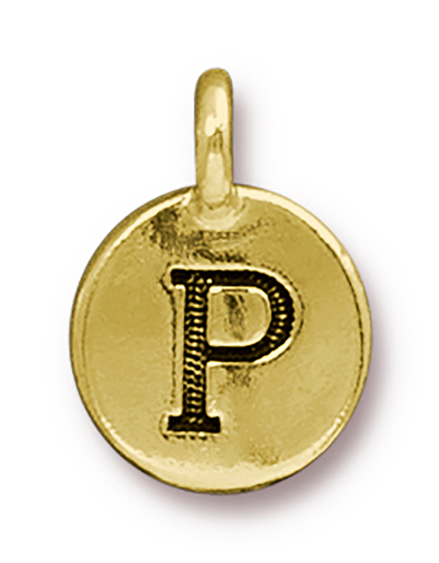 TierraCast : Charm - 17 x 12mm, 2.6mm Loop, Round Alphabet P, Antique Gold