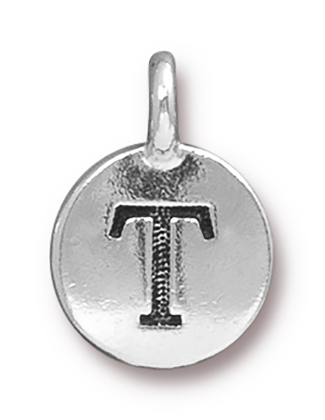 TierraCast : Charm - 17 x 12mm, 2.6mm Loop, Round Alphabet T, Antique Silver