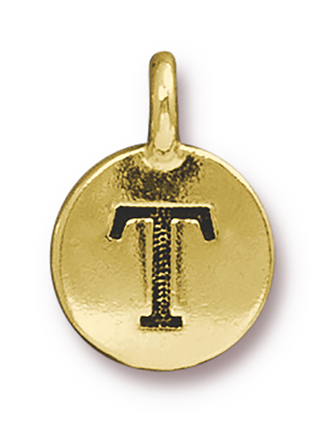 TierraCast : Charm - 17 x 12mm, 2.6mm Loop, Round Alphabet T, Antique Gold