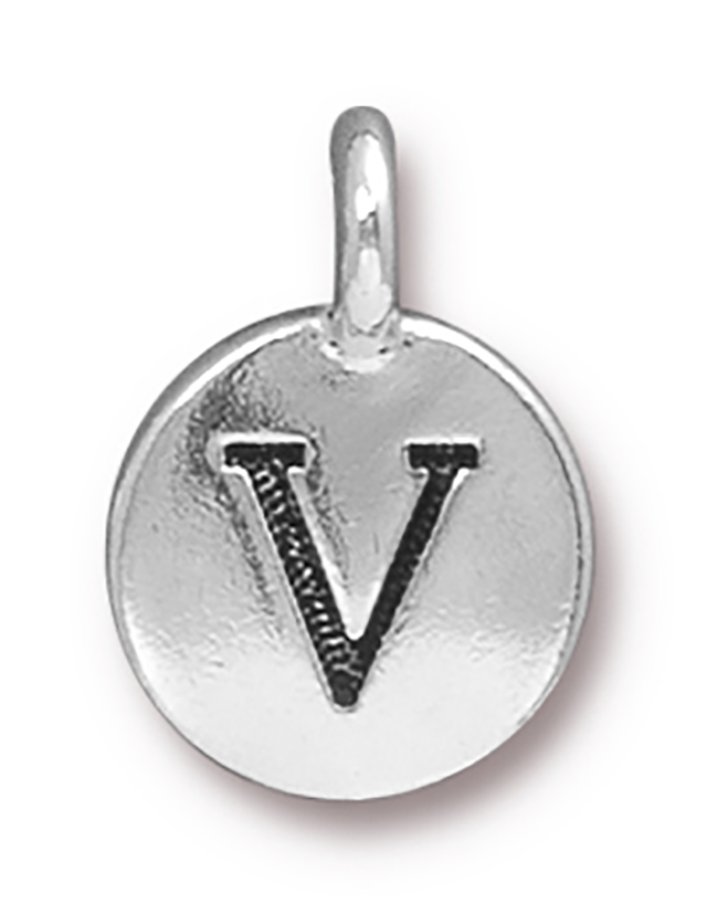 TierraCast : Charm - 17 x 12mm, 2.6mm Loop, Round Alphabet V, Antique Silver