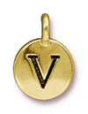 TierraCast : Charm - 17 x 12mm, 2.6mm Loop, Round Alphabet V, Antique Gold