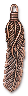 TierraCast : Pendant - 2", 2mm Loop, Feather, Antique Copper