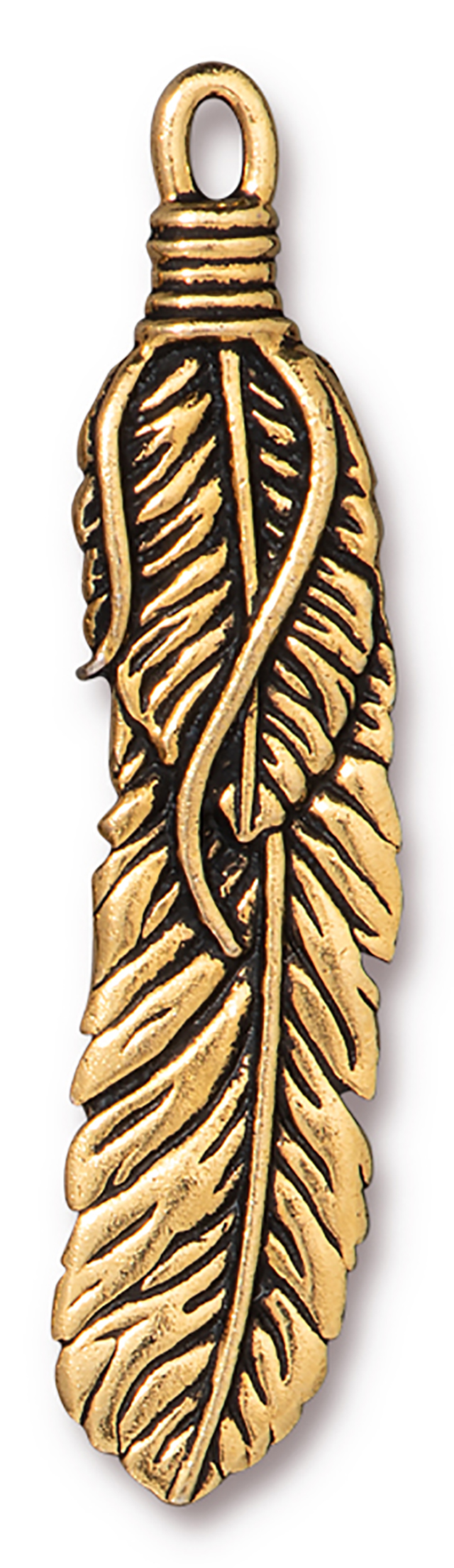 TierraCast : Pendant - 2", 2mm Loop, Feather, Antique Gold