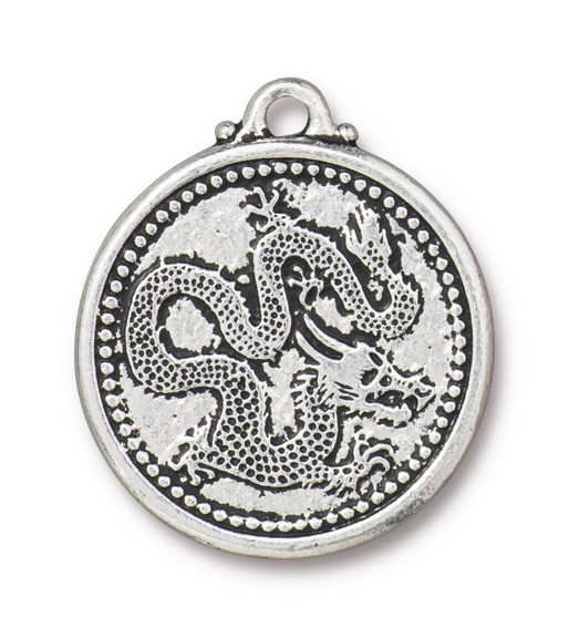 TierraCast : Pendant - 28 x 24mm, 2.4mm Loop, Dragon Coin, Antique Silver