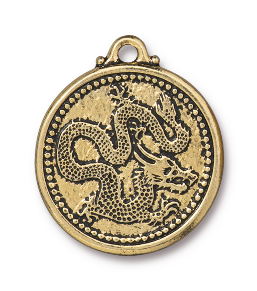 TierraCast : Pendant - 28 x 24mm, 2.4mm Loop, Dragon Coin, Antique Gold