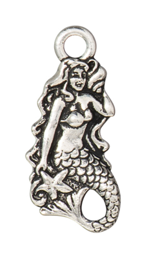 TierraCast : Charm - 23 x 8mm, 2.4mm Loop, Mermaid, Antique Silver