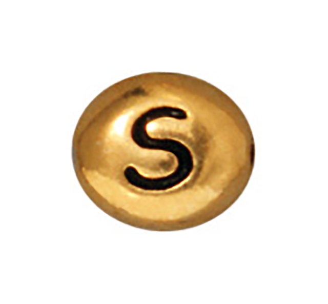 TierraCast : Bead - 7 x 6mm, 1mm Hole, Letter S, Antique Gold