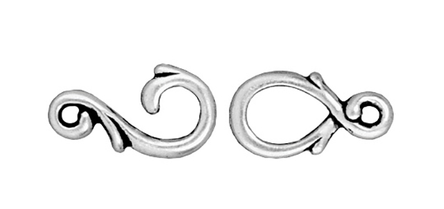 TierraCast : Clasp Set - Hook 13mm, Eye 6.5mm, 1.3mm Loop, Vine Hook & Eye, Antique Silver