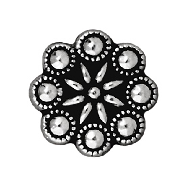 TierraCast : Button - 12 x 12mm, 2.2mm Loop, Czech Rosette, Antique Silver