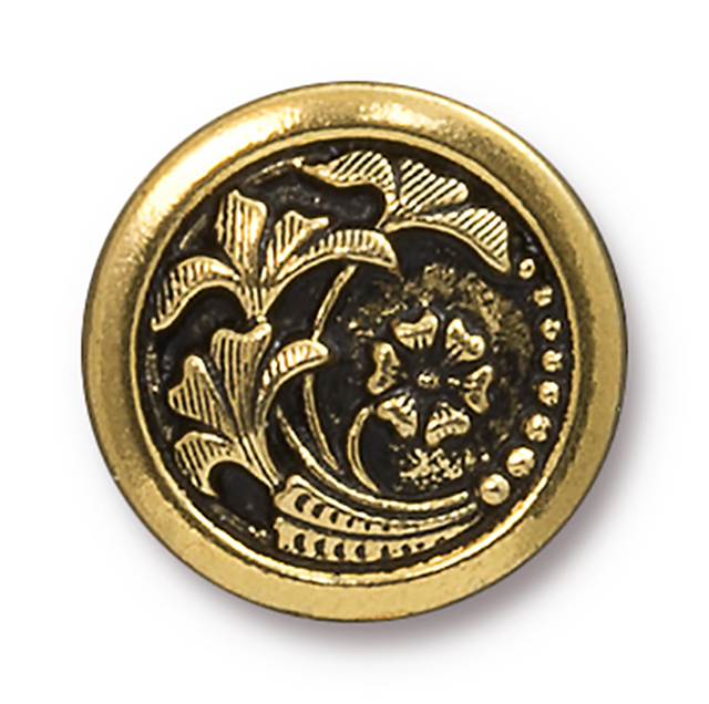 TierraCast : Button - 17mm, 2.3mm Loop, Czech Flower, Antique Gold