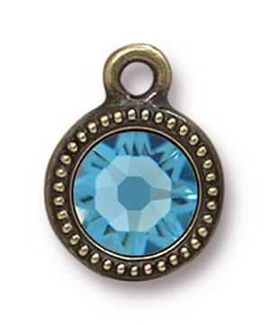 TierraCast : Drop Charm - SS34 Beaded Bezel with Aquamarine Swarovski Crystal, Brass Oxide