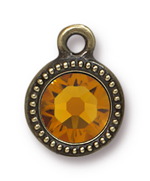 TierraCast : Drop Charm - SS34 Beaded Bezel with Topaz Swarovski Crystal, Brass Oxide