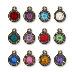 TierraCast : Drop Charm - 13.5 x 10.5mm, 1.5mm Loop, SS34 Beaded Birthstone Mix (36pcs), Brass Oxide