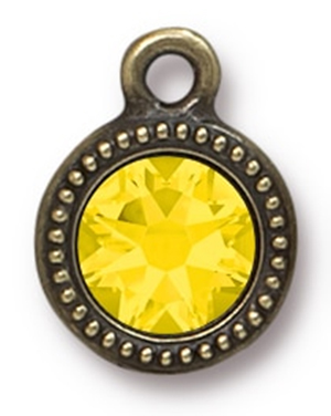 Tierracast : Drop Charm - 13.5 x 10.5mm, 1.5mm Loop, SS34 Beaded Bezel Yellow Opal, Brass Oxide