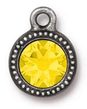 Tierracast : Drop Charm - 13.5 x 10.5mm, 1.5mm Loop, SS34 Beaded Bezel Yellow Opal, Antique Pewter