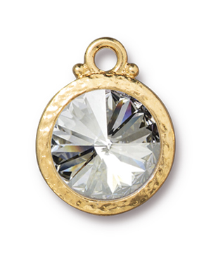 TierraCast : Drop Charm - 12 mm Hammered Round with Swarovski Crystal, Gold