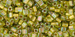 TOHO Triangle 11/0 Tube 2.5" : Gold-Lined Rainbow Peridot